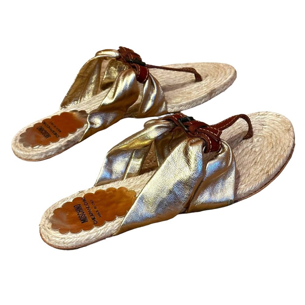 Moschino CheapandChic Gold and Leather Espadrille Sandals, Size 38.5